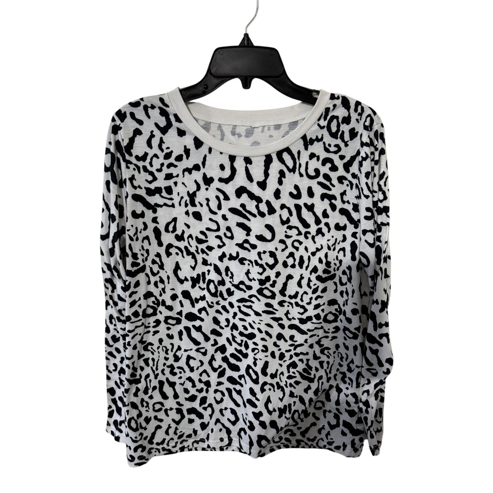Womens Black and White Leopard Print Long Sleeve Crewneck Top Size Large